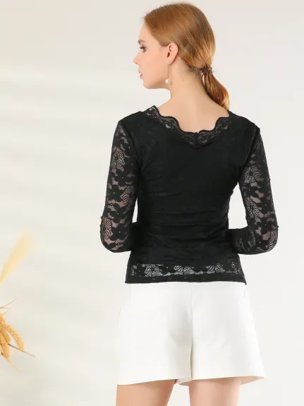 Allegra K- Floral Embroidery Sheer Long Sleeve Lace Blouse