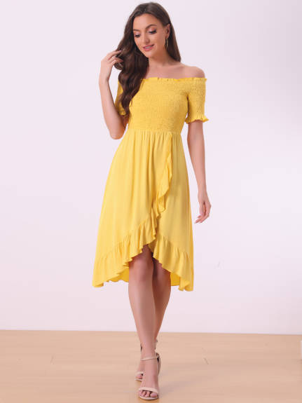 Allegra K - Off Shoulder Ruffle Hem Smocked Dress