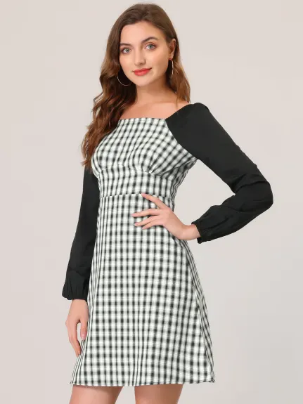 Allegra K- Long Sleeve Square Neck A-Line Plaid Dress