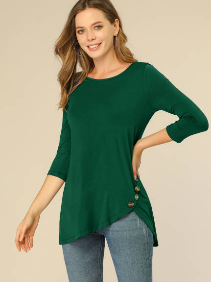 Allegra K- 3/4 Sleeve Tunic Asymmetry Button Top