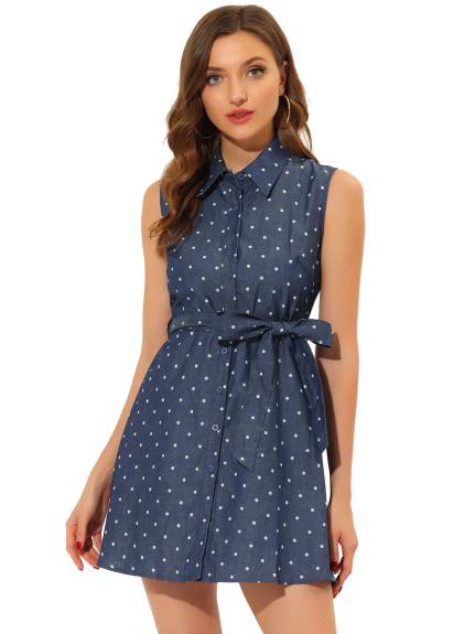 Allegra K- Polk Dots Tie Waist Sleeveless Shirt Dress