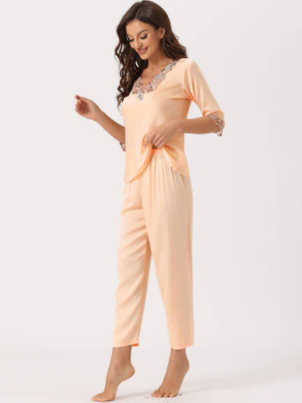 cheibear - Lace Trim Top Long Pants Pajama Set