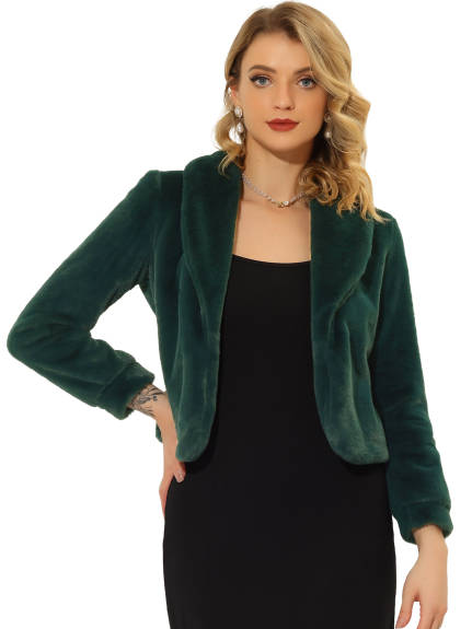 Allegra K- Cropped Jacket Lapel Long Sleeve Faux Fur Fluffy Coat