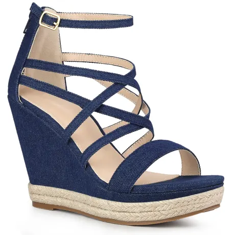 Allegra K - Platform Strappy Denim Wedge Sandals