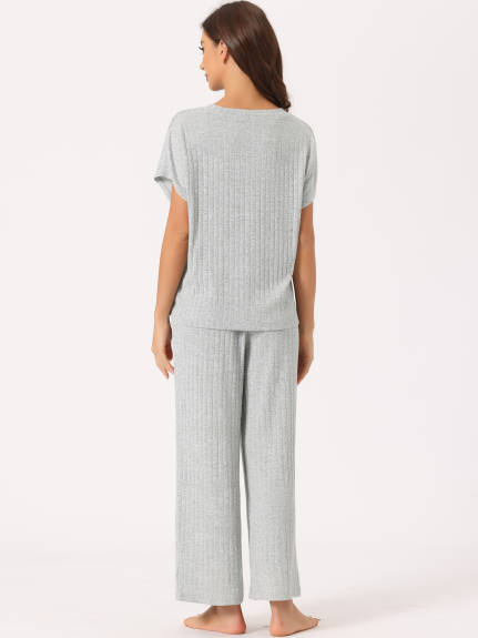 cheibear - Ribbed Knit Lounge Pajama Set