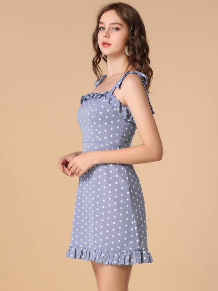 Allegra K- Polka Dots Spaghetti Strap Ruffle Flare Mini Dress