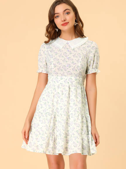 Allegra K- Flare Floral Tiered Hem Peter Pan Collar Dress