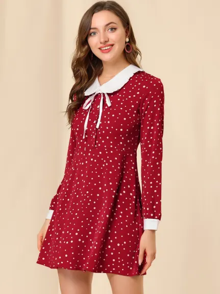 Allegra K- Polka Dots Peter Pan Collar Contrast Sleeve Shirt Dress