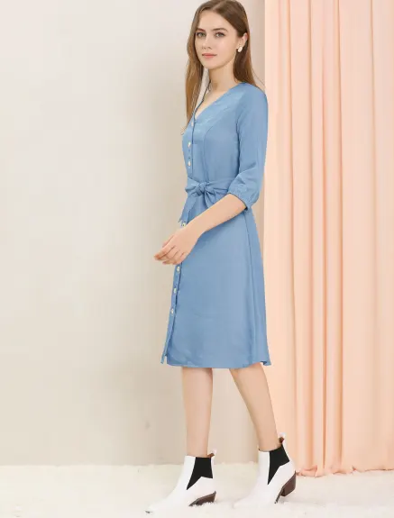 Allegra K- V Neck 3/4 Sleeve Belted Shirt Dress