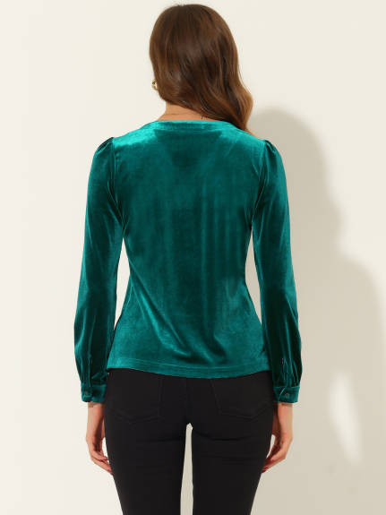 Allegra K- Velvet V Neck Long Sleeve Blouse Shirt