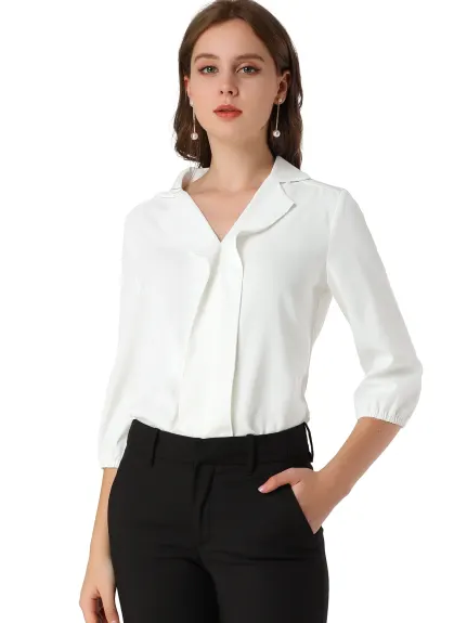 Allegra K- V Neck Collared 3/4 Sleeve Blouse