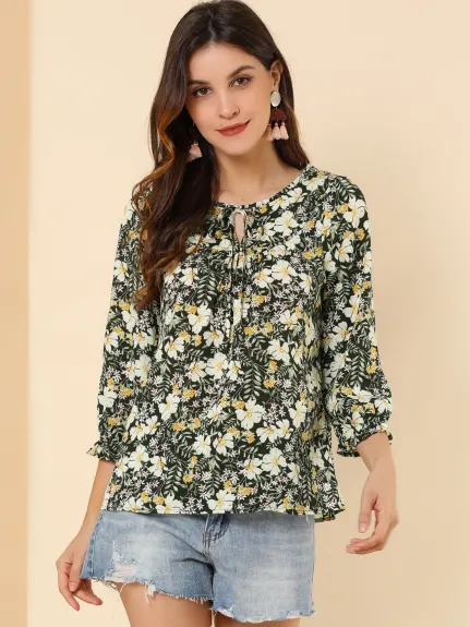 Allegra K- Tie Blouse florale à manches 3/4 et col en V