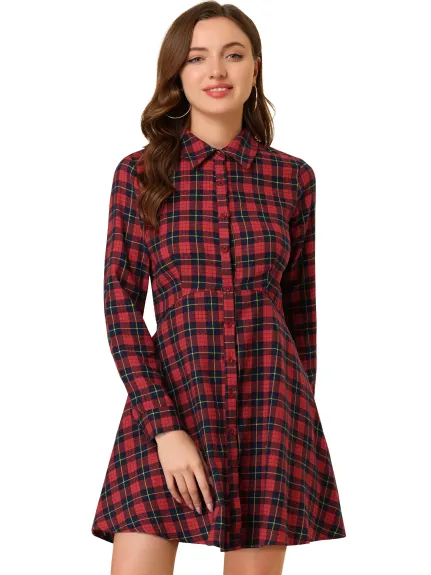 Allegra K- Plaids Cotton Fit and Flare Shirt Dress