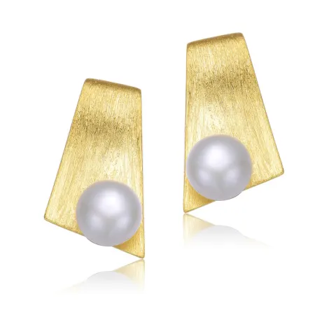Genevive Sterling Silver 14k Gold Plated with Genuine Freshwater Round Pearl trapezoid-shaped Earrings