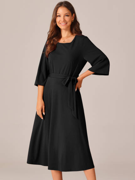 Allegra K - Elegant Crewneck Tie Waist Midi Dress