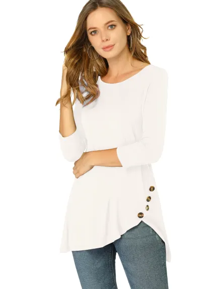 Allegra K- 3/4 Sleeve Tunic Asymmetry Button Top