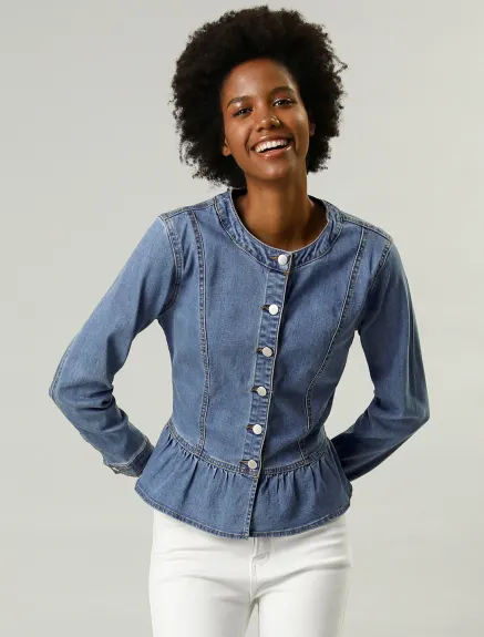 Allegra K - Veste en jean délavée courte à ourlet volanté