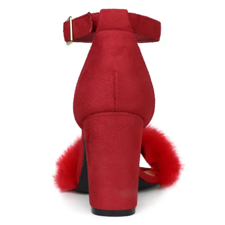 Allegra K- Faux Fur Strap Block Heels Sandals