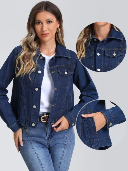 Allegra K - Vintage Collar Long Sleeve Jean Jacket