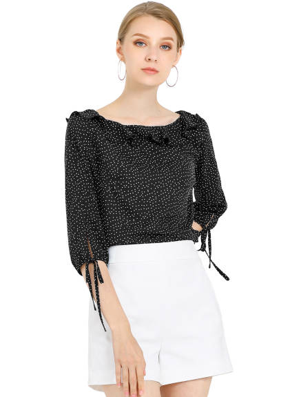 Allegra K- Ruffled Neck Half Sleeve Sheer Polka Dots Blouse