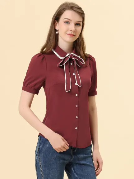 Allegra K- Blouse contrastée à manches bouffantes boutonnée et col noué