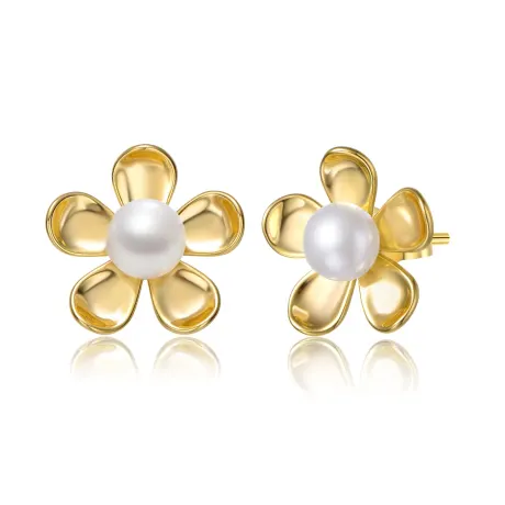 Genevive Boucles d'oreilles à tige en argent sterling plaqué or jaune 14 carats avec perles blanches et fleurs de marguerite
