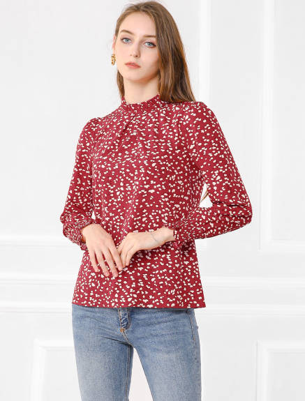 Allegra K- Ruffled Mock Neck Smocked Printed Blouse