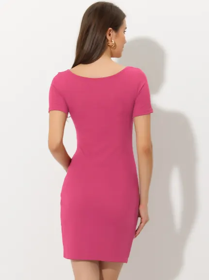 Allegra K- Square Neck Tie Front Cute Stretchy Bodycon Mini Dress