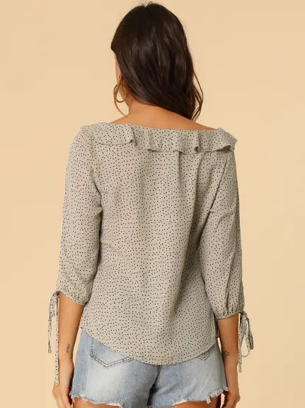 Allegra K- Ruffled Neck Half Sleeve Sheer Polka Dots Blouse