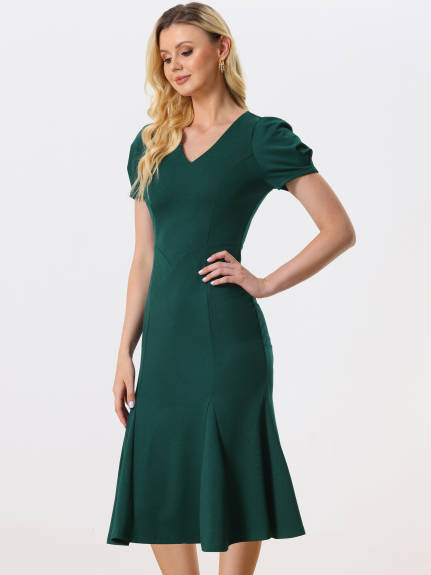 Allegra K- V-Neck Puff Sleeve Elegant Mermaid Midi Dress