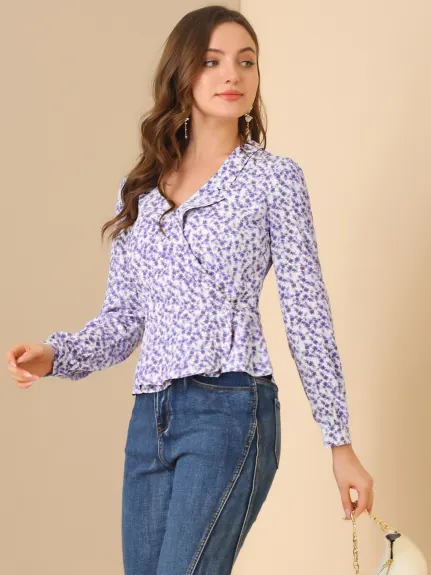 Allegra K - Floral Long Sleeve Chiffon Ruffle Wrap Top