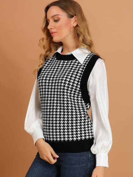 Allegra K- Round Neck Vest Sleeveless Houndstooth Plaid Sweater