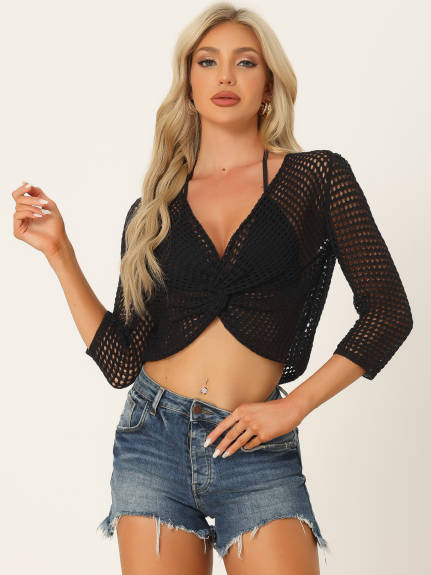 Allegra K - Summer Crop Hollow Out Crochet Top