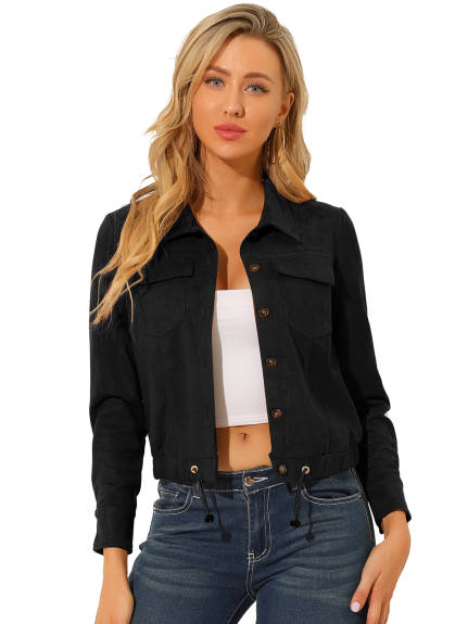 Allegra K- Faux Suede Point Collar Button Up Biker Moto Jacket