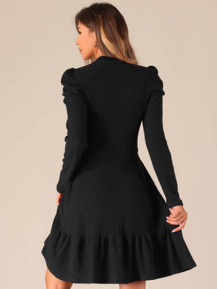 Allegra K - Crew Collar Stretchy Puff Long Sleeve Knit Dress