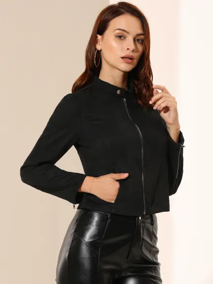 Allegra K- Faux Suede Stand Collar Cropped Motorcycle Jacket