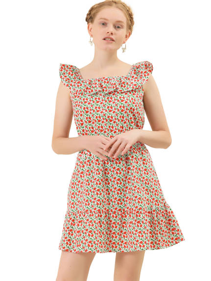 Allegra K- Floral Ruffle Neck Sleeveless Cinched Waist Dress