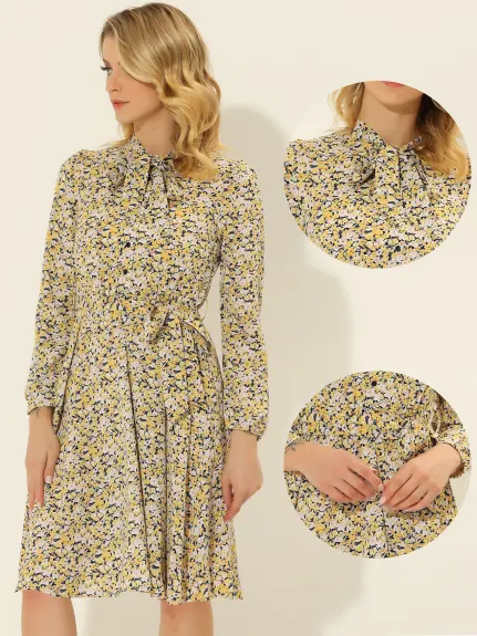 Allegra K- Robe en mousseline ceinturée à imprimé floral et col noué