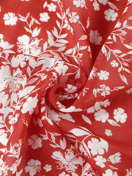Allegra K- Floral cravate col manches longues robe Smock taille à niveaux