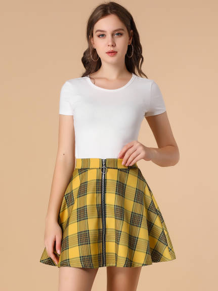 Allegra K- Plaid Zip-Up A-Line Flare Mini Skirt