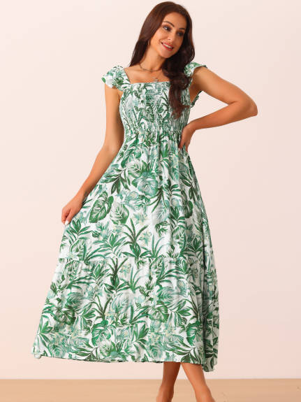 Allegra K - Summer Smocked Boho Floral Maxi Dress