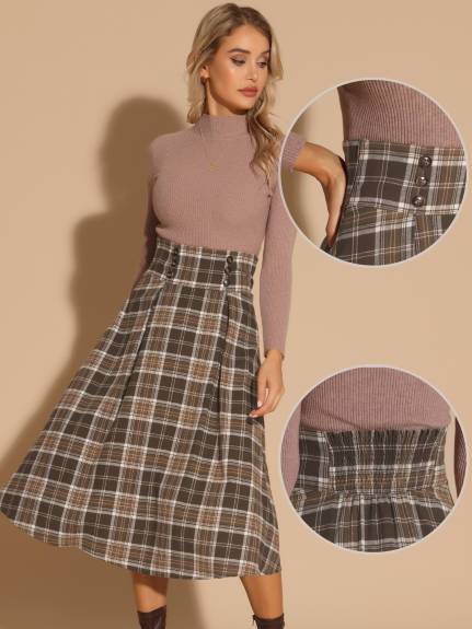 Allegra K - High Elastic Waist Fall Tartan Midi Skirt