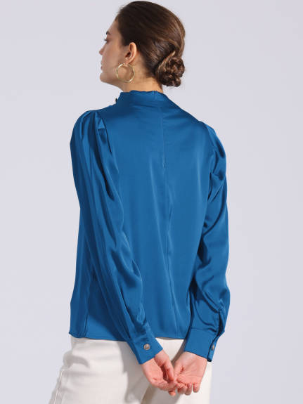 Allegra K - Satin Pleated Mock Neck Puff Sleeve Blouse