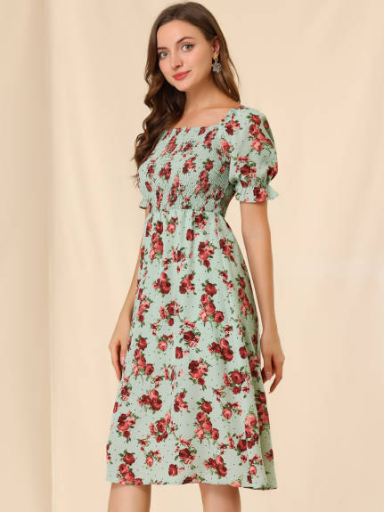 Allegra K- Square Neck Puff Sleeves Midi Smocked Floral Dress