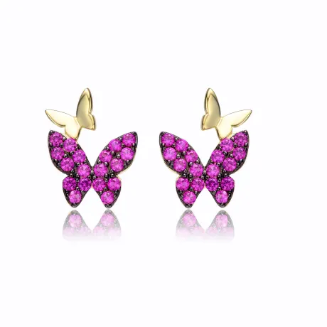 Genevive Sterling Silver 14k Yellow Gold Plated with Ruby Cubic Zirconia Double Butterfly Drop Earrings