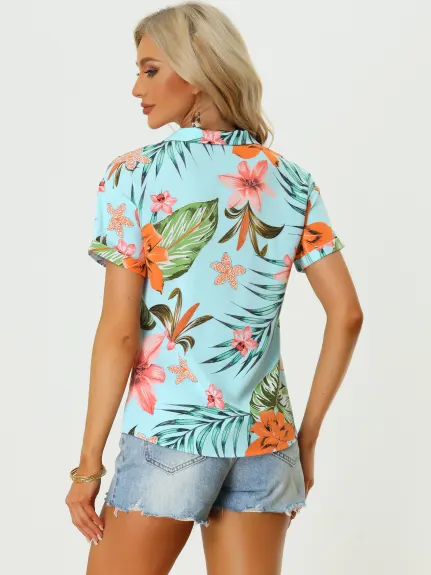 Allegra K- Beach Tropical Floral Leaves Button Down Shirts