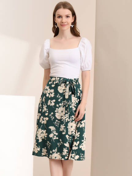 Allegra K- Slit Floral Belted A-Line Midi Skirt