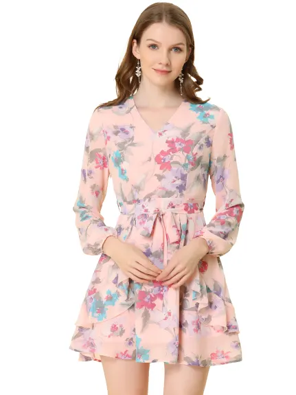 Allegra K- Floral V-Neck Belted Flowy Ruffle A-line Dress