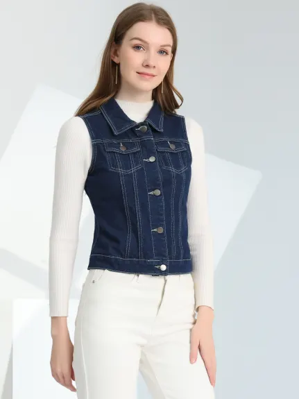 Allegra K- Washed Denim Buttoned Vest with Flap Pockets