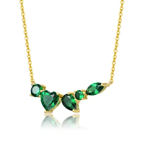 Genevive Sterling Silver 14k Yellow Gold Plated Mixed Cut Emerald Cubic Zirconia Cluster Necklace